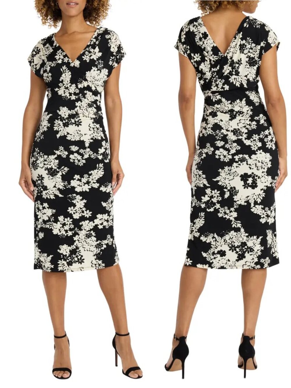 NWT Maggy London Draped Short Sleeve Black White Floral Midi Dress Size 2
